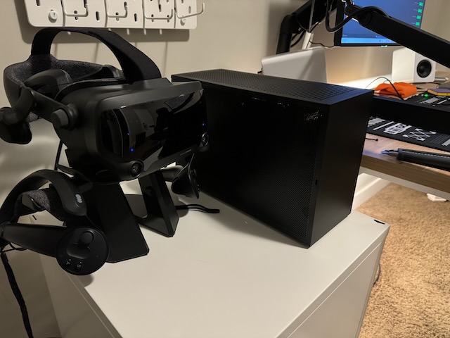 Desktop PC and Valve Index on an Ikea storage unit